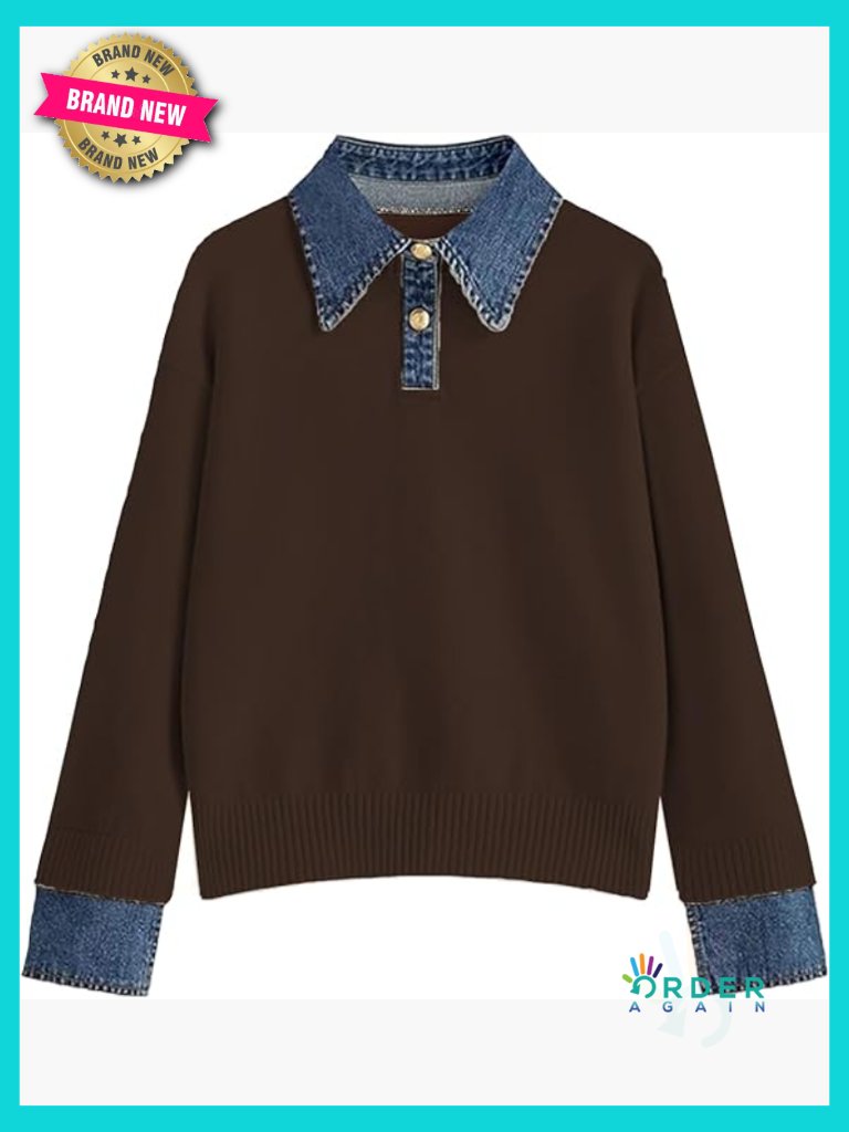 Oversized Long Sleeve Knit Sweater With Denim Panel Collar Pullover Women